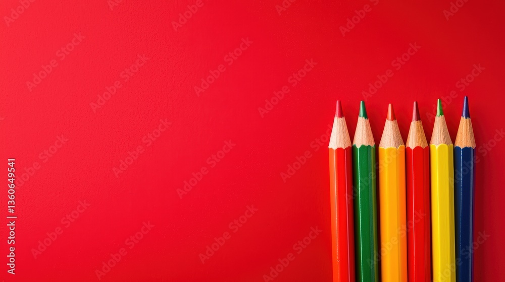 A row of six ened colored pencils sits on a vibrant red background providing ample copy space for text or design elements perfect for educational or artistic projects. A row of six ened colored pencils sits on a vibrant red background providing ample copy space for text or design elements perfect for educational or artistic projects.
