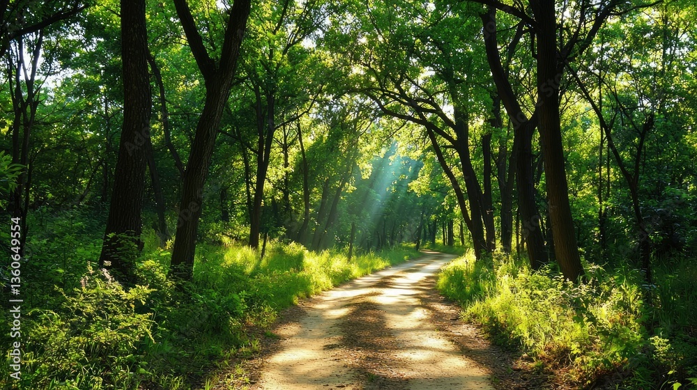 Fototapeta premium Tranquil wooded trail with golden sunlight filtering through the vibrant green canopy.