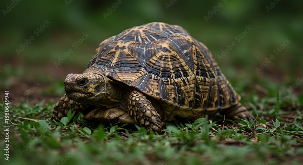 A Large Tortoise Walks Slowly on Grass With Textured Shell