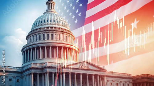 Dome of the U.S. Capitol building with financial stock chart overlay and American flag in background, symbolizing politics, economy, and government finance.