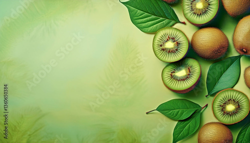 produce a tropical-inspired pattern of kiwis cut in halves with leaves on a light green background and plenty of copy space for your text