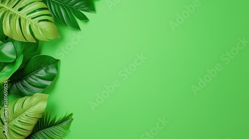Lush green tropical leaves arranged on a vibrant green background creating a visually appealing and refreshing natural border perfect for summer designs and ing projects.