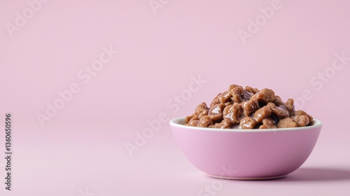 A pink bowl filled with delicious brown pet food sits against a soft pink background perfect for pet food packaging or blog designs.