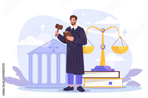 Judge holding gavel and clipboard. Vector illustration