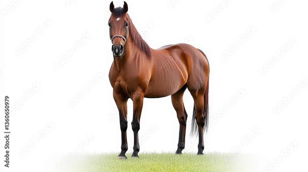 Obraz premium Majestic brown horse standing gracefully on lush grassland.