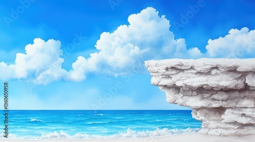 A picturesque digital painting depicts a serene coastal cliff overlooking a calm turquoise ocean under a bright blue sky with fluffy white clouds creating a tranquil summer beach