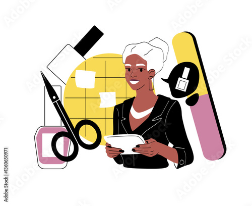 Nail technician with manicure tools. Vector illustration