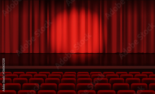 Theater stage with red curtain. Vector illustration