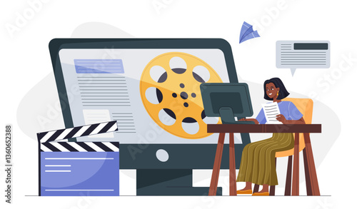 Woman writing screenplay at desk. Vector illustration