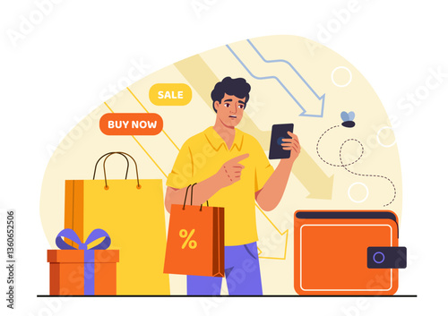 Man worrying about online shopping expenses. Vector illustration