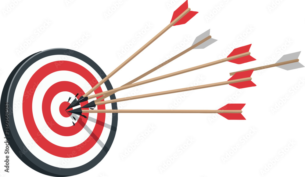 Target board with multiple arrows hitting the bullseye in a flat and minimal design style showcasing precision and focus in vector art Target board with multiple arrows hitting the bullseye in a flat and minimal design style showcasing precision and focus in vector art