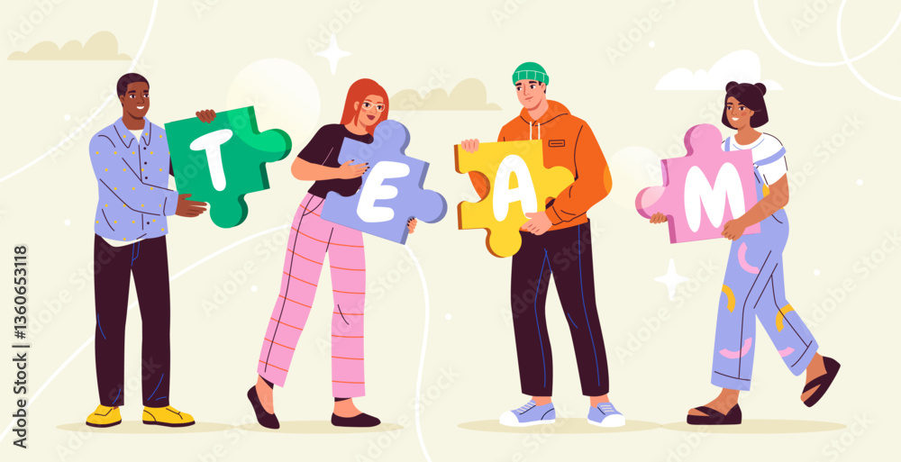 Fototapeta premium Teamwork concept with puzzle pieces. Vector illustration