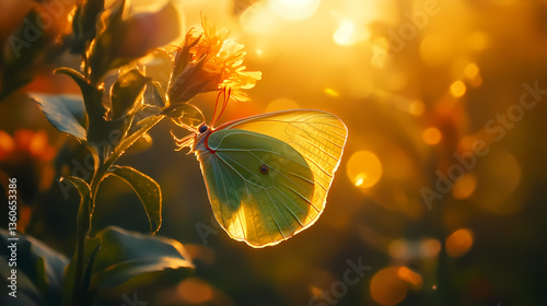 Pale green butterfly chrysalis emerging from flower stem at sunset. sunlight glows around. Golden Chrysalis. Illustration