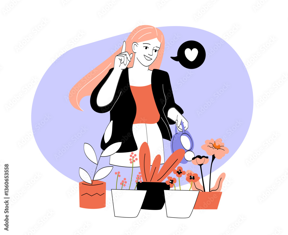 Obraz premium Woman watering plants happily. Vector illustration
