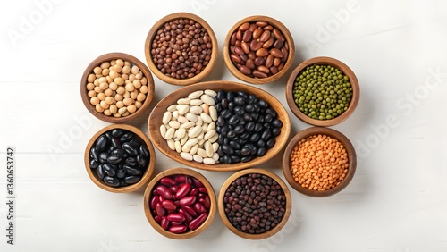 Overhead View of Assorted Beans and Lentils in Wooden Bowls – A Colorful Display of Healthy Legumes