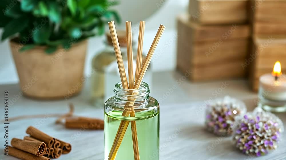 Elegant aroma diffuser setup with decorative elements and natural scents in a cozy indoor setting