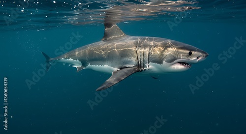 A large white shark swims gracefully through the deep ocean water