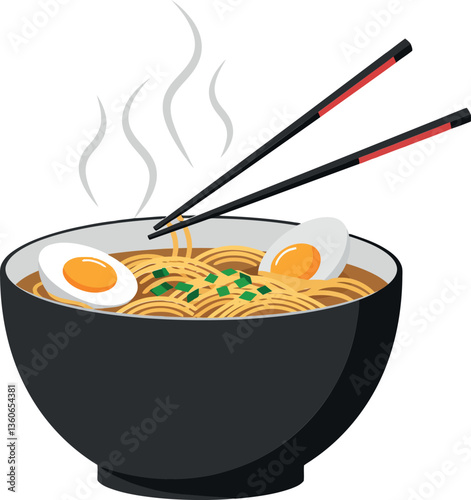 A delicious bowl of steaming ramen noodles with soft-boiled eggs and green onions in a minimal vector illustration