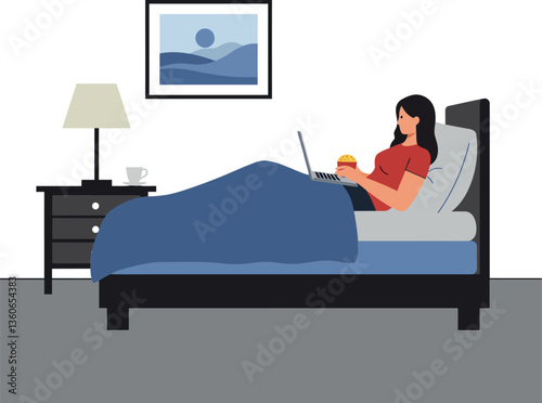 Woman sitting comfortably in bed with a laptop and snack in a minimalistic room, enjoying leisure time, flat vector illustration