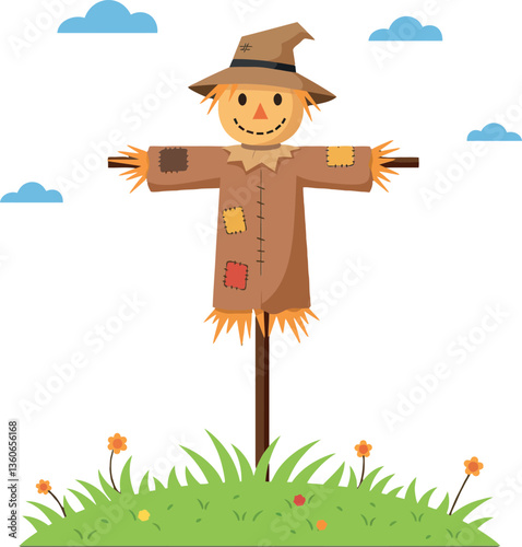 A cheerful scarecrow standing on a wooden post in a vibrant green field, surrounded by colorful flowers and fluffy clouds, flat vector illustration