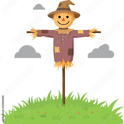 Colorful scarecrow standing proudly in a lush green field under fluffy clouds, showcasing a flat design style in vector art