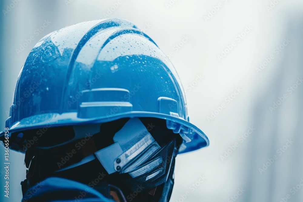 Fototapeta premium Worker Wearing Hard Hat with Water Droplets Ready for Construction Work