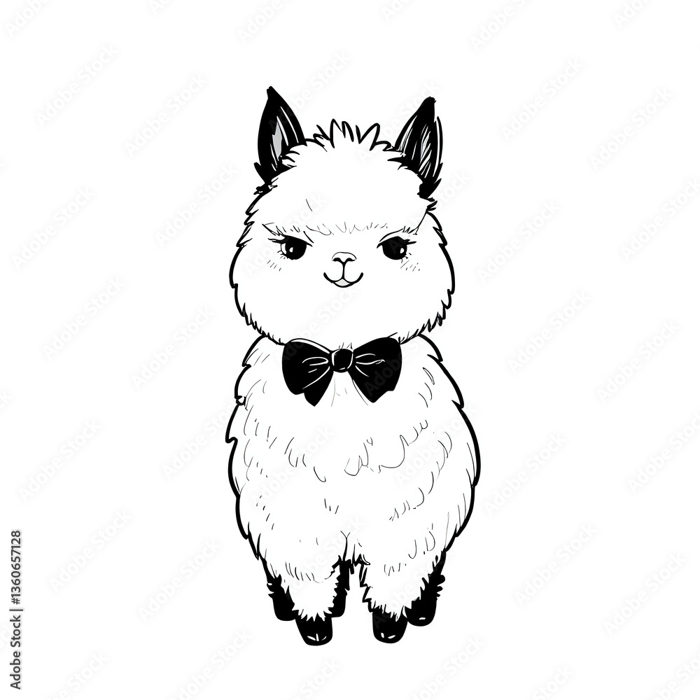Fototapeta premium Adorable Alpaca in a Bow Tie: A Whimsical Black and White Illustration