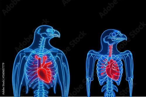 abstract illustration of a transparent eagle skull with body organs