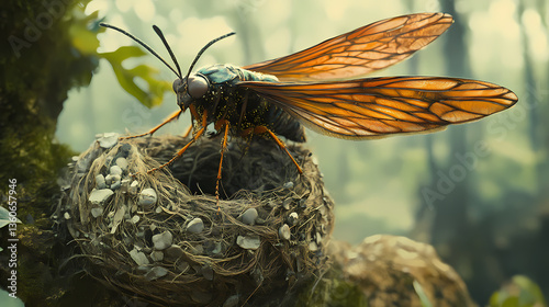 The fascinating emergence of a winged insect from its nest nature's intricate process. Winged Emergence. Illustration