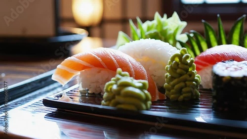 Side view of assorted nigiri and sushi rolls served with pickled ginger, presented on a dark stone platter in a modern setting.