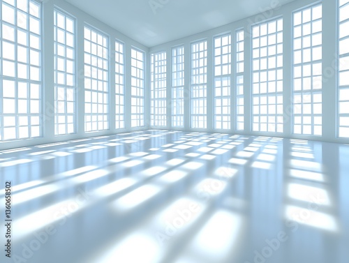 A modern bright room illuminated by sunlight from many windows