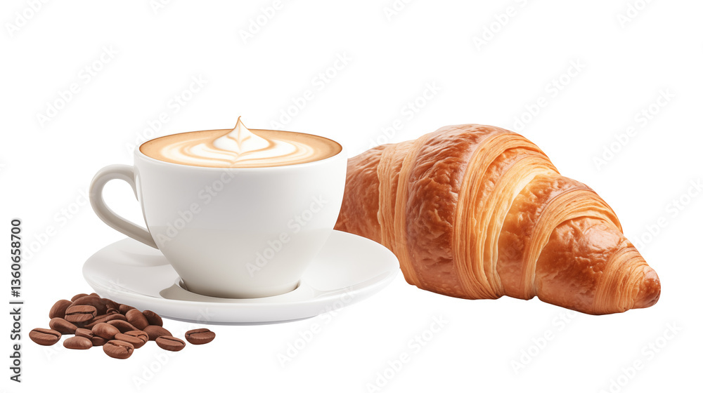 Still life featuring a white cup of latte with a croissant and coffee beans on a plateisolated on transparent background Still life featuring a white cup of latte with a croissant and coffee beans on a plateisolated on transparent background
