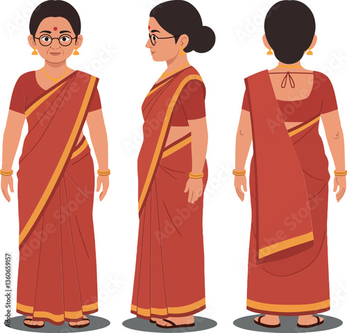 A woman in a traditional red sari showcasing cultural attire in a flat design style vector illustration from multiple angles emphasizing grace and elegance.