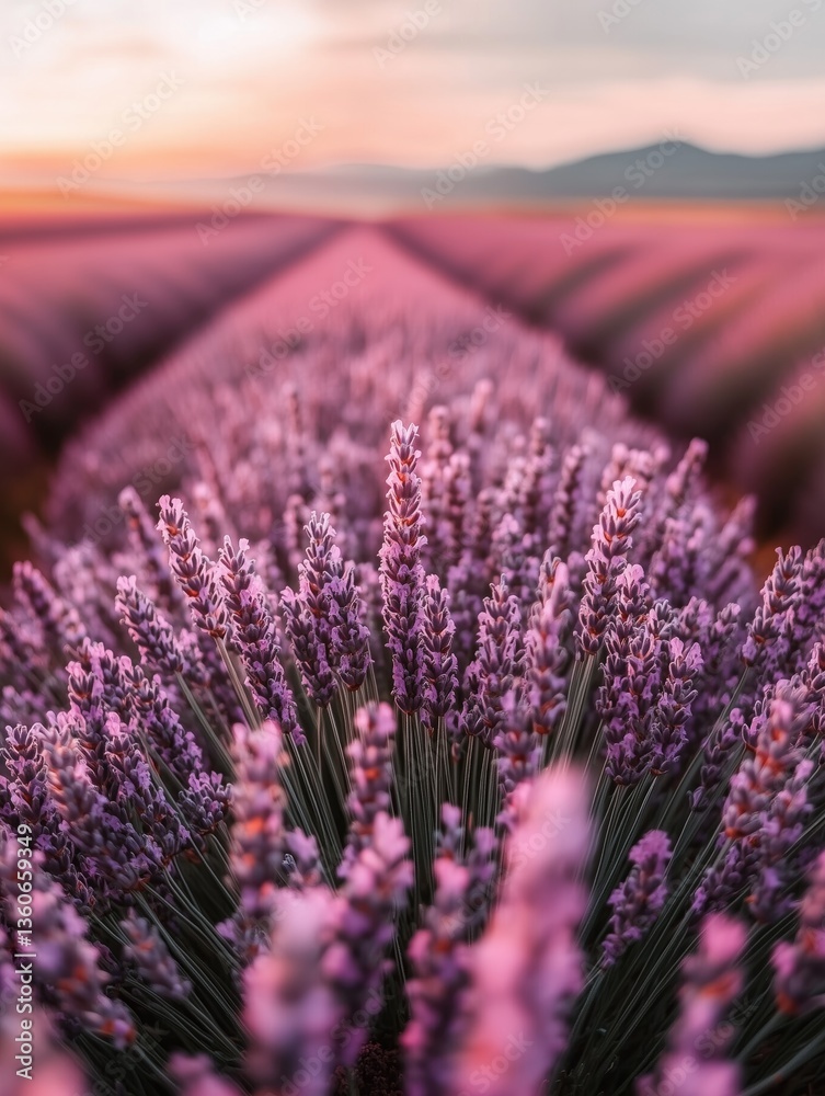 Obraz premium Beautiful Lavender Fields at Sunset in Provence, Showcasing Nature's Serene Beauty