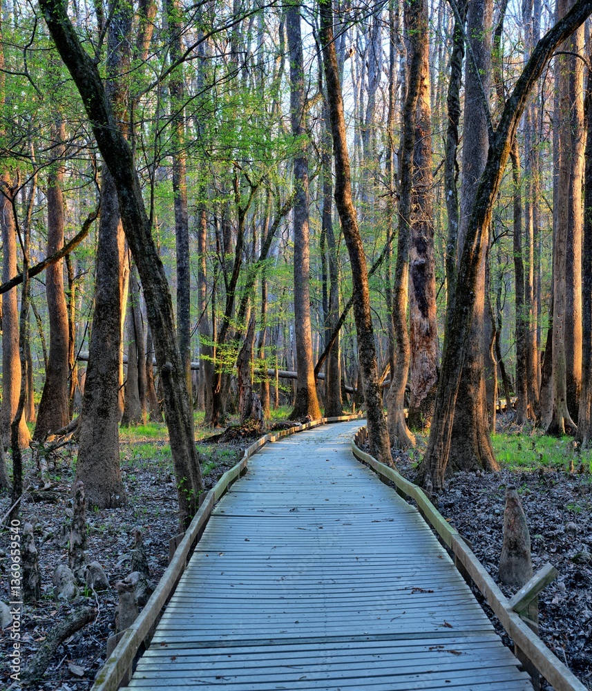Obraz premium Sunrise through the cypress trees of Congaree National Park on the last day of winter