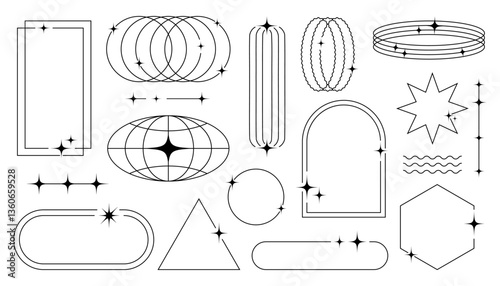 Geometric aesthetic abstract line frames and shapes, brutalism, Y2K style, modern decorative geometric design with futuristic curves