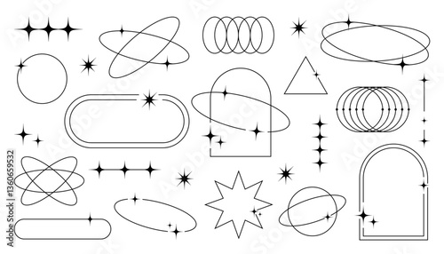 Geometric aesthetic abstract line frames and shapes, brutalism, Y2K style, futuristic orbit rings and cosmic sparkles