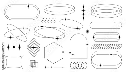 Geometric aesthetic abstract line frames and shapes, brutalism, Y2K style, minimalist celestial decorations with arched borders