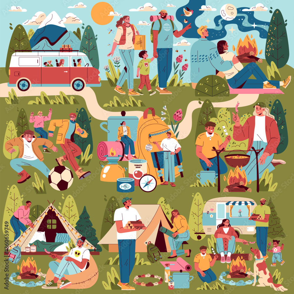Obraz premium Family Camping. Flat Vector Illustration