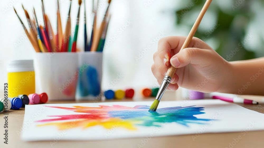 A hand painting with vibrant colors on paper, surrounded by art supplies. A hand painting with vibrant colors on paper, surrounded by art supplies.