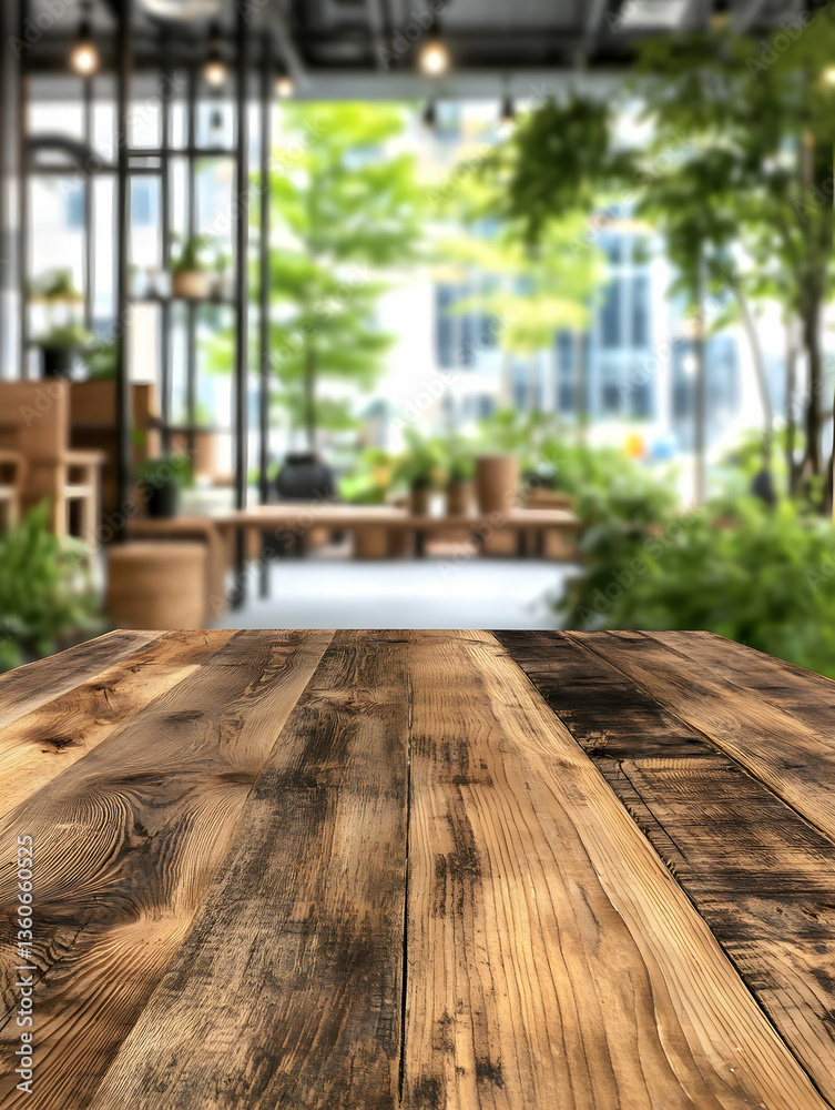 Fototapeta premium Rustic Wooden Tabletop, Urban Cafe Garden View