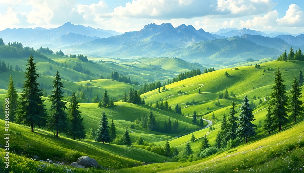 Fototapeta premium wallpaper trees mountains and summer landscape with mountains
