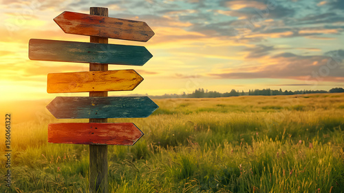 Colorful signpost guiding travelers at sunset in a tranquil landscape setting