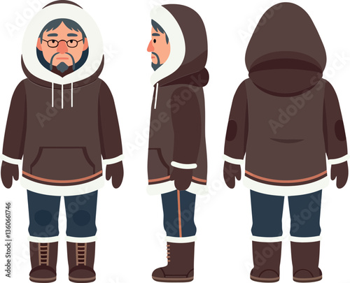 Character design of a man wearing a warm brown parka with a hood in flat vector art style showcasing multiple views