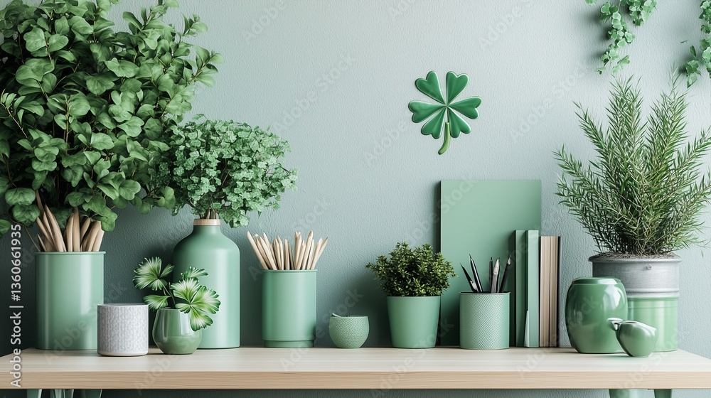 Minimalist Office Space with St. Patrick's Day Green Desk Accessories and Plants Minimalist Office Space with St. Patrick's Day Green Desk Accessories and Plants