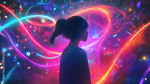 Enigmatic girl surrounded by whirling neon lights in an ethereal cocoon of vibrant colors. Ethereal Cocoon. Illustration