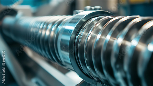 Industrial conveyor system closeup of a tubular helical screw metal texture soft lighting