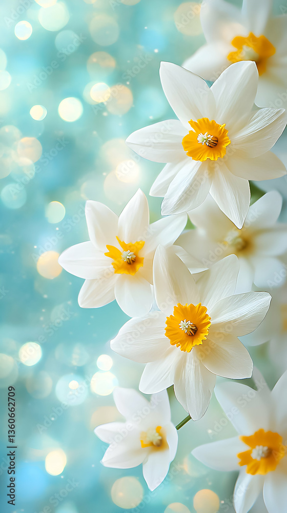Obraz premium Elegant white flowers with bright yellow centers gracefully bloom against a soft, blurred blue background in springtime