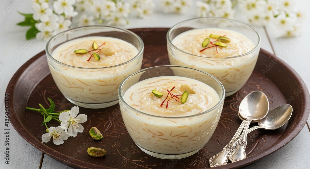 Three bowls of sheer khurma dessert on a tray with spoons and white flowers as a background decor Three bowls of sheer khurma dessert on a tray with spoons and white flowers as a background decor