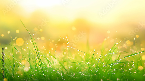 Morning dew glistens on fresh green grass in a sunlit meadow during springtime